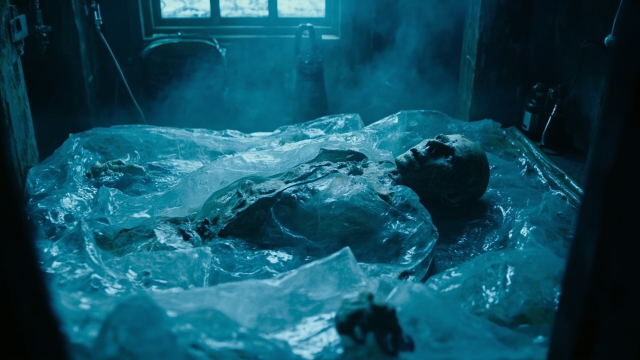 Imagen generada por IA con el prompt: Ancient mummy preserved in translucent glacial ice inside a dimly lit alpine museum chamber, cold blue tones, faint mist, scientific analysis tools nearby, no recognizable faces