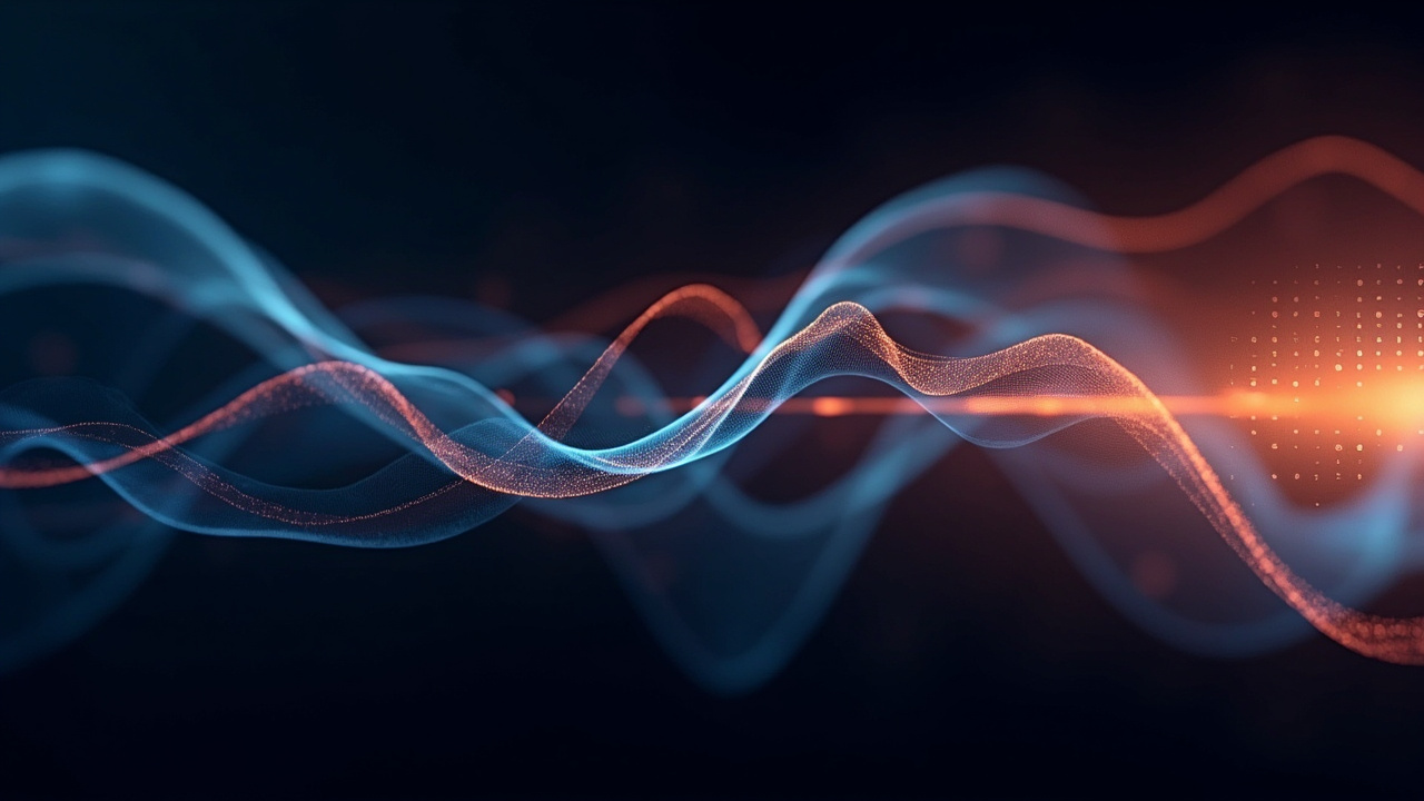 Imagen generada por IA con el prompt: Abstract mathematical visualization: smooth colored curves overlaid on a soft dark background, with a small heatmap grid in blue-orange tones suggesting kernel covariance patterns. Minimalist editorial style.