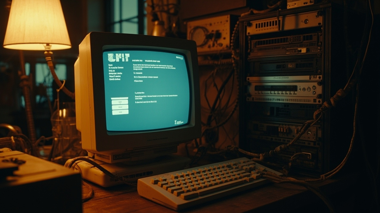 Imagen generada por IA con el prompt: Retro beige desktop computer with CRT monitor displaying classic Windows UI, modern mini server rack nearby, tangled ethernet cables and old networking gear, warm desk lamp lighting, cozy homelab atmosphere