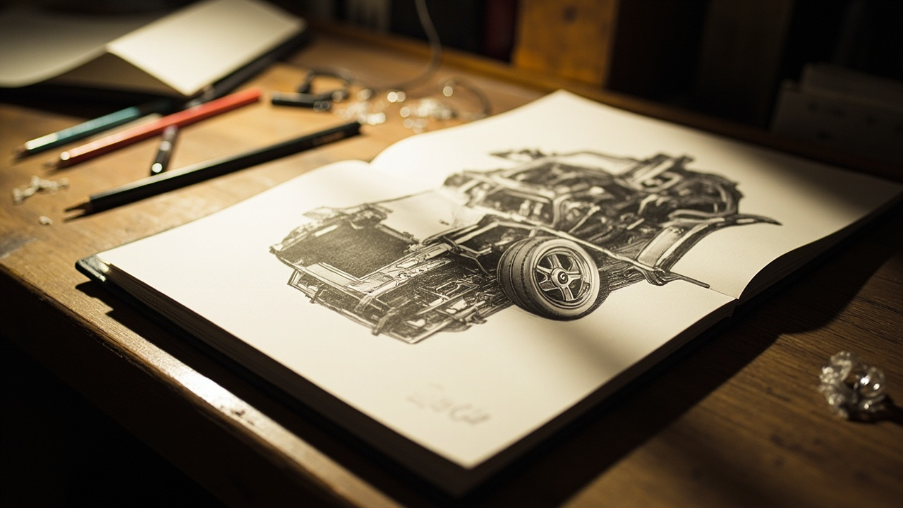 Imagen generada por IA con el prompt: Open sketchbook on a wooden desk with detailed pen-and-ink automotive cutaway drawings, scattered pencils, warm studio light, tribute atmosphere, no faces