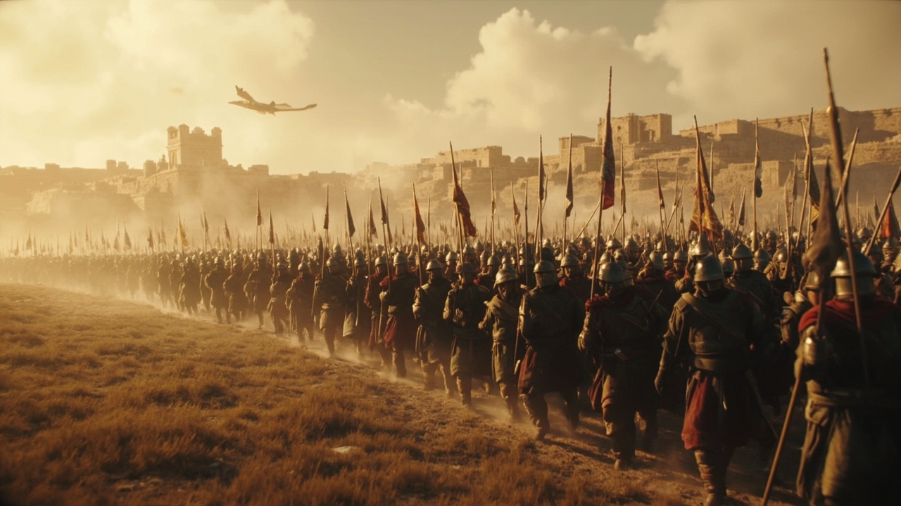 Imagen generada por IA con el prompt: A medieval army marching in tight ranks across a dusty field, spears and banners rising above helmeted soldiers, with a walled agrarian city on the horizon, painted in muted earth tones, editorial illustration style