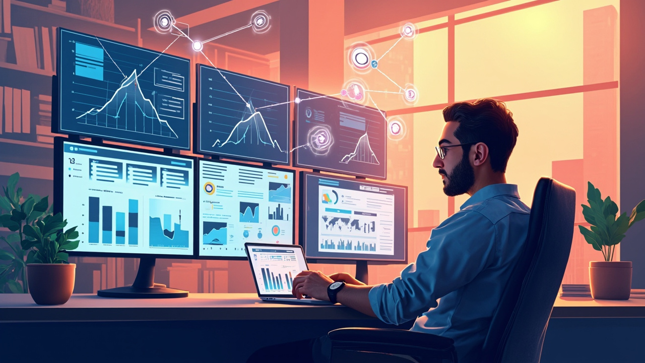 Imagen generada por IA con el prompt: Editorial illustration of a diverse professional analyzing marketing dashboards on multiple screens, AI workflow diagrams floating around, urban office setting, warm natural light, modern flat style.