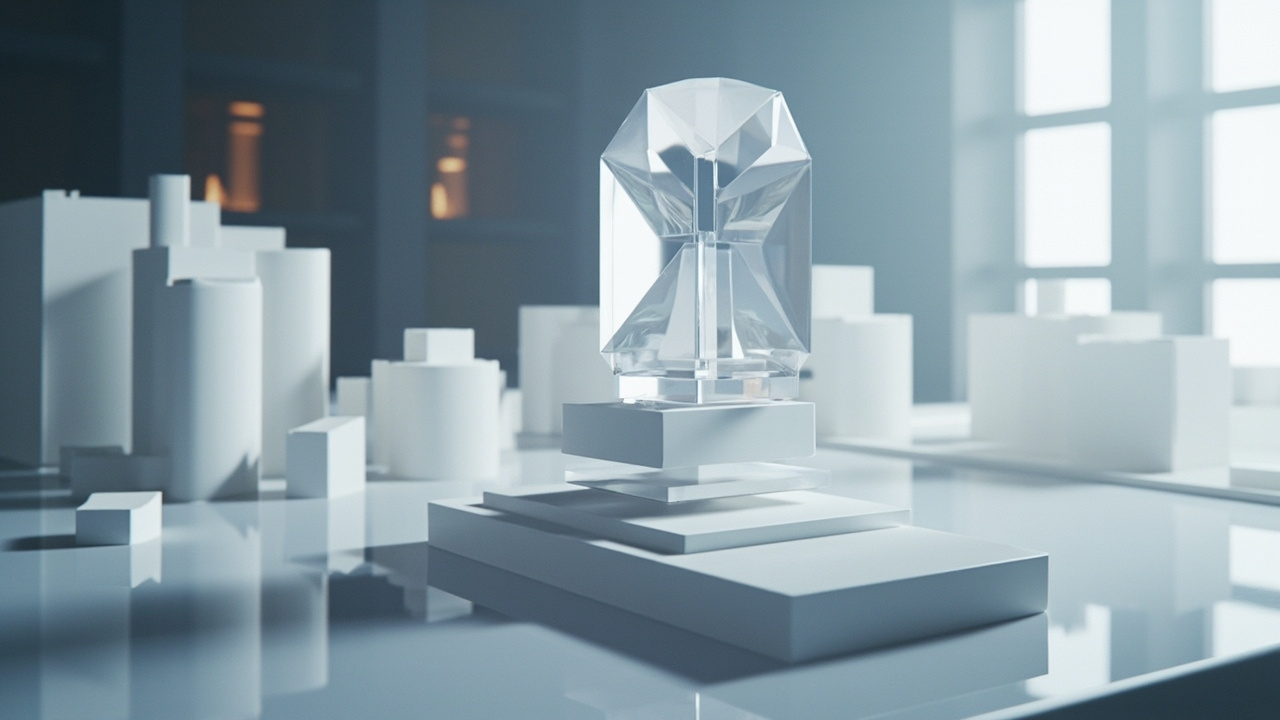 Imagen generada por IA con el prompt: A digital 3D scene assembling itself on a virtual platform from a single floating photograph, with translucent geometric objects stacking in physically stable positions. Soft research-lab lighting, modern isometric persp