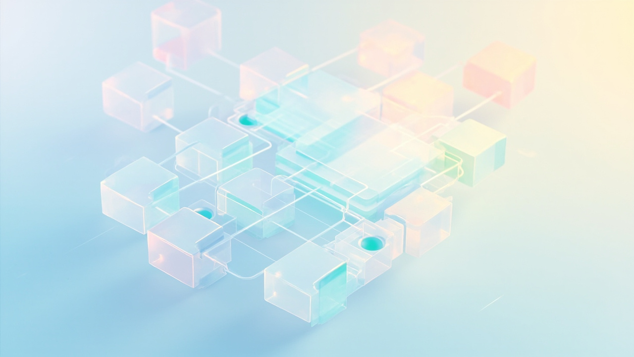 Imagen generada por IA con el prompt: Clean editorial illustration of interlocking translucent Clojure module blocks merging into a central system map, soft pastel gradient background, isometric style, no text or logos.
