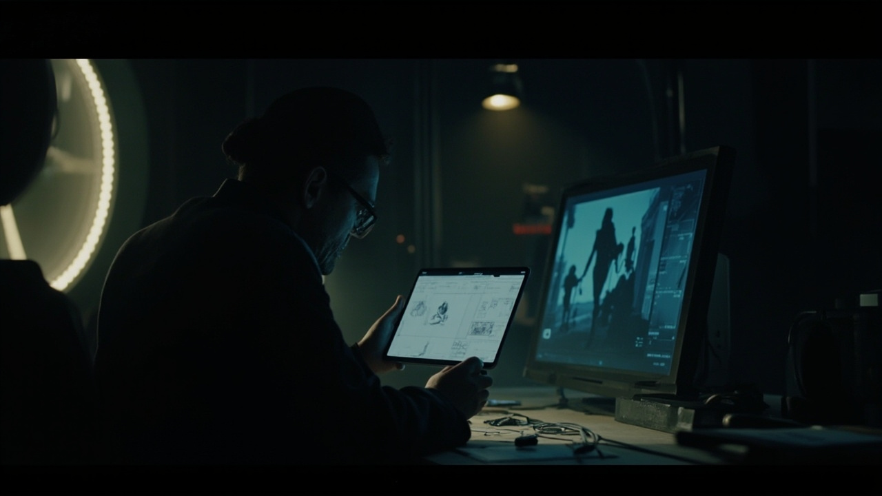 Imagen generada por IA con el prompt: Film director at a dimly lit studio desk comparing hand-drawn storyboard sketches with a tablet displaying AI-generated images, cinematic moody lighting, contrast between traditional and digital art.