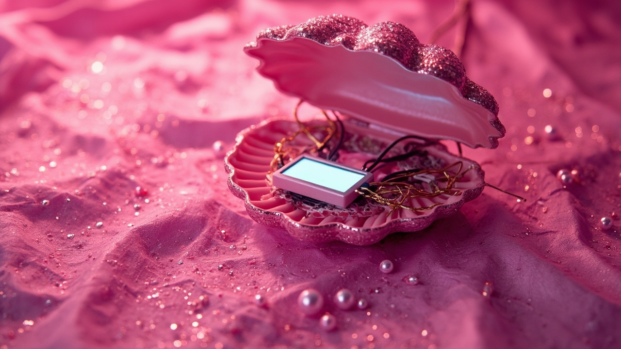 Imagen generada por IA con el prompt: Editorial photo of a pink, bedazzled cyberdeck hidden inside a decorative seashell-purse, small glowing screen, visible wires, scattered glitter and circuit boards, soft pink lighting, no faces or brand logos