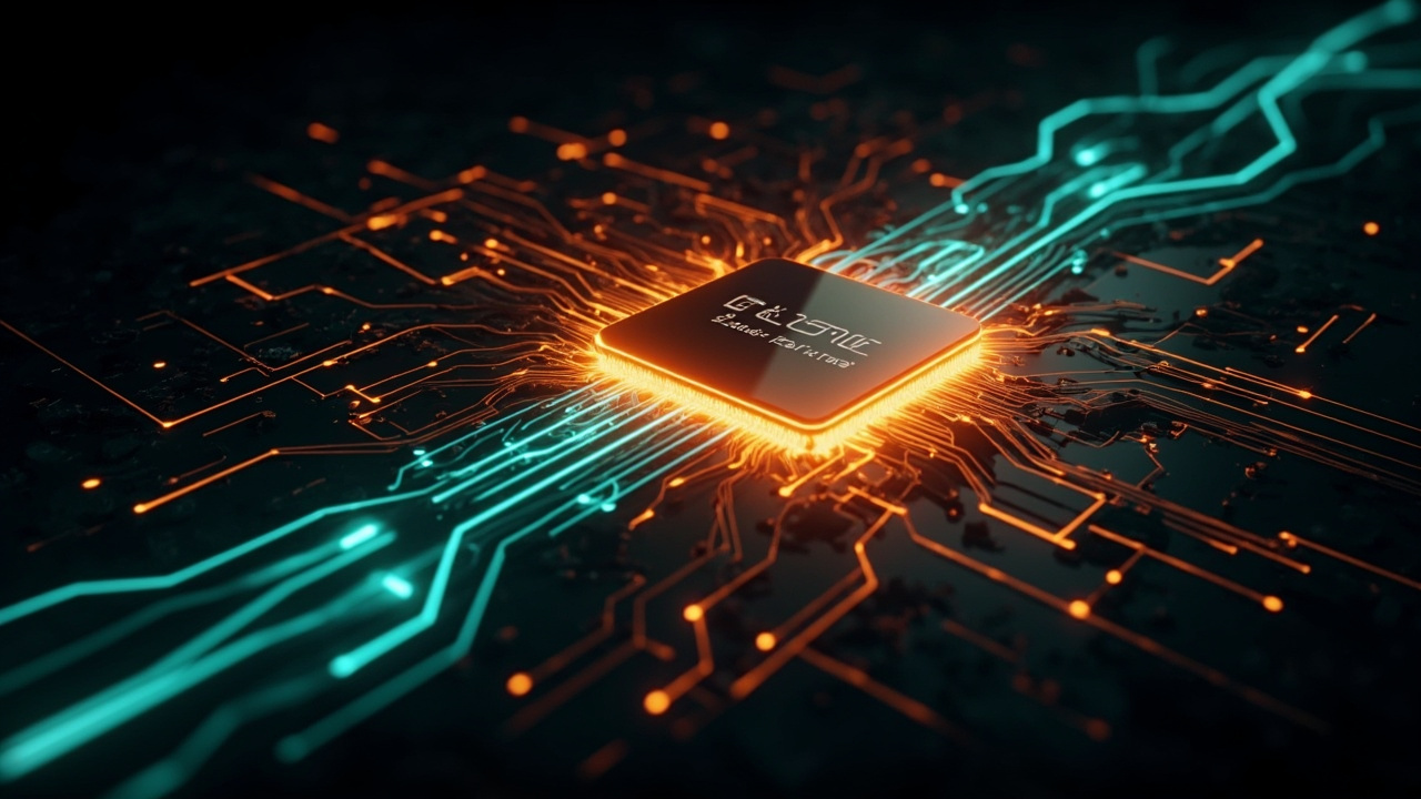 Imagen generada por IA con el prompt: Glowing GPU chip with flowing teal and orange data streams, dark background, technical editorial illustration style, no text, no faces