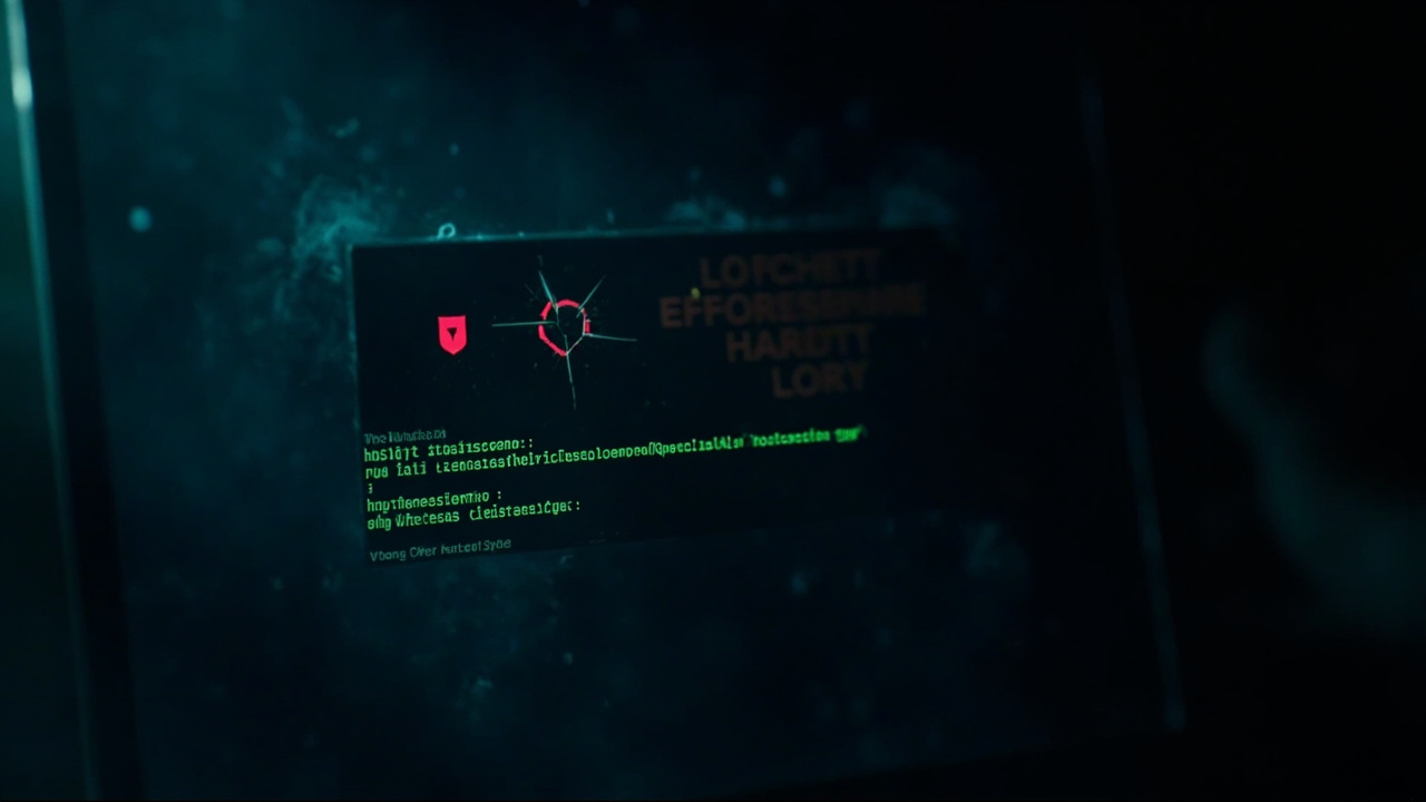 Imagen generada por IA con el prompt: Dark cybersecurity terminal screen showing a Windows command prompt, green code scrolling, a red shield icon cracked in half, glitch effect, moody blue lighting, no faces or logos.