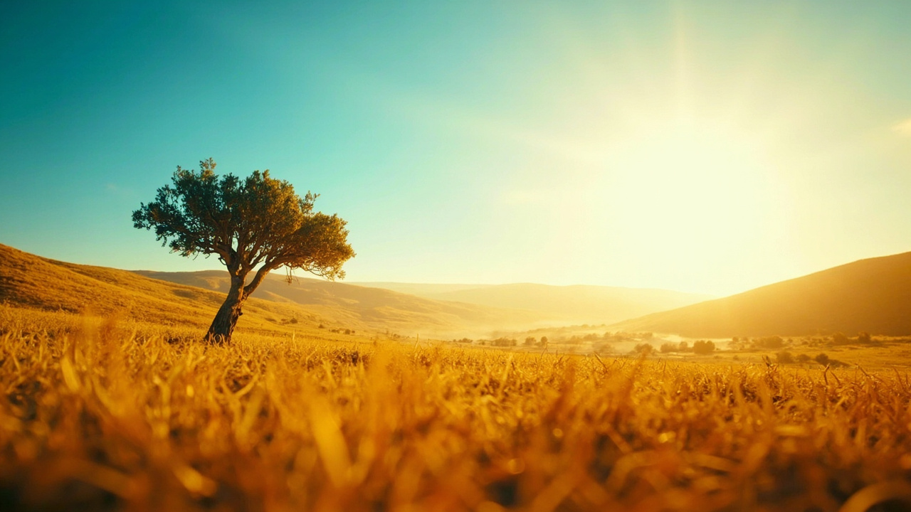 Imagen generada por IA con el prompt: Sun-drenched Spanish landscape with a clear blue sky, dry golden fields in the Guadalquivir valley, a solitary olive tree under intense heat haze, warm summer light editorial style
