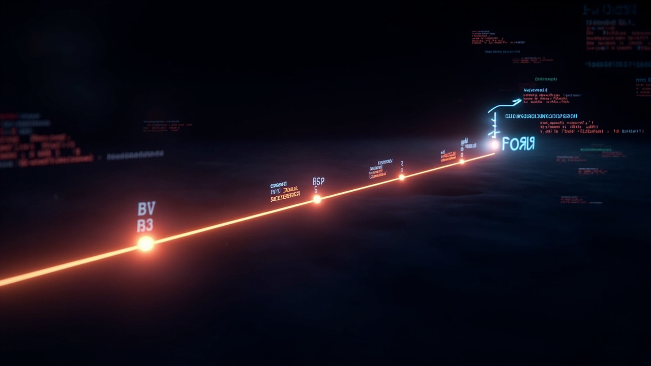 Imagen generada por IA con el prompt: A stylized representation of a network request journey: a glowing path from client to server with labeled nodes for DNS, TCP connect, TLS handshake, and first byte, on a dark background with code snippets floating nearby