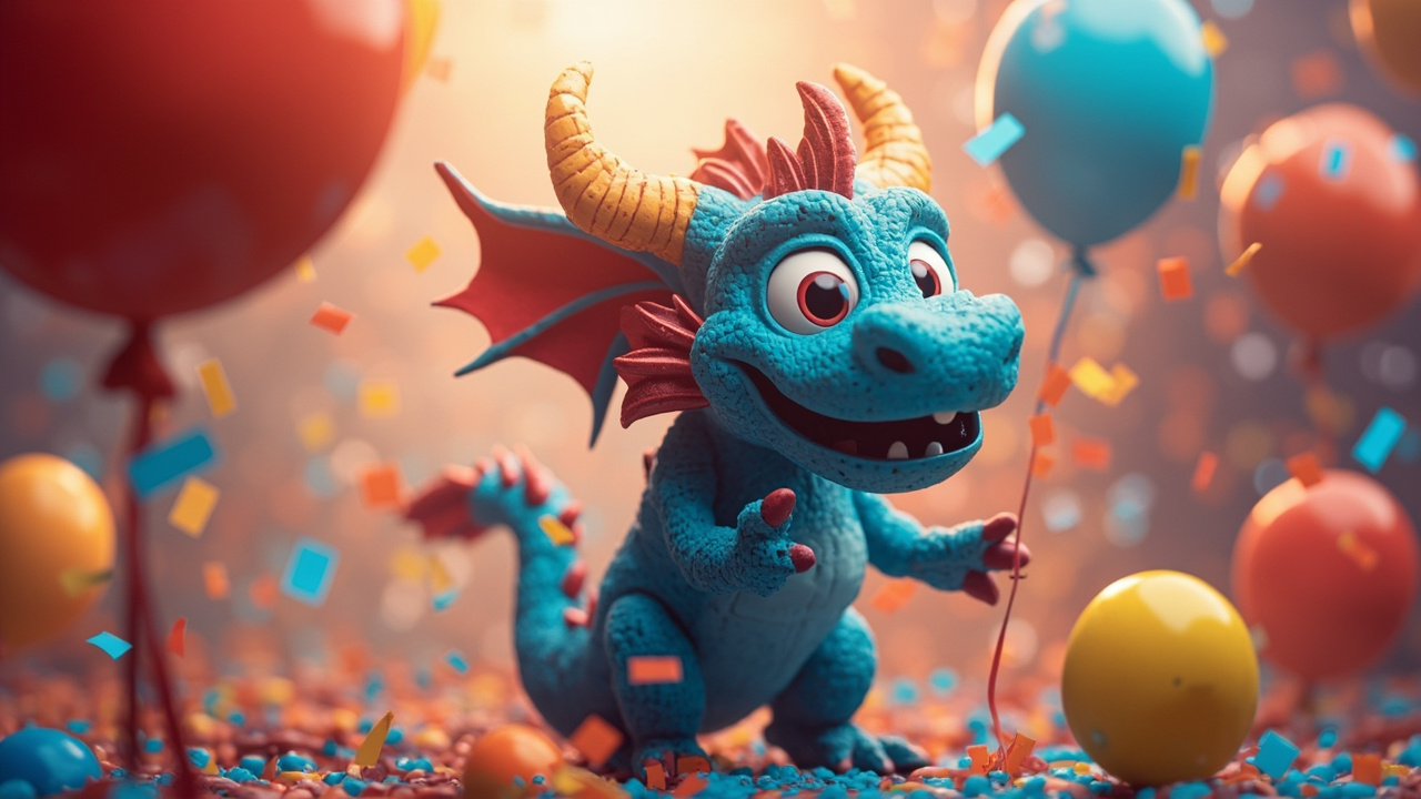 Imagen generada por IA con el prompt: Konqi, KDE's blue dragon mascot, celebrating with confetti and balloons in a vibrant digital illustration featuring a futuristic open-source desktop, warm festive tones