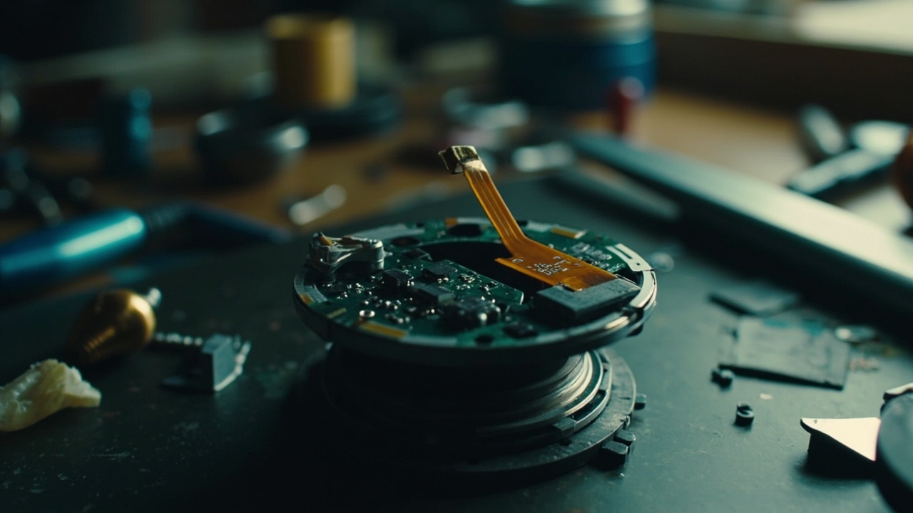 Imagen generada por IA con el prompt: Close-up of a disassembled camera lens on a workbench, exposing a small C-shaped PCB with electronic components and a flex cable, repair tools and screwdrivers scattered around, soft technical lighting