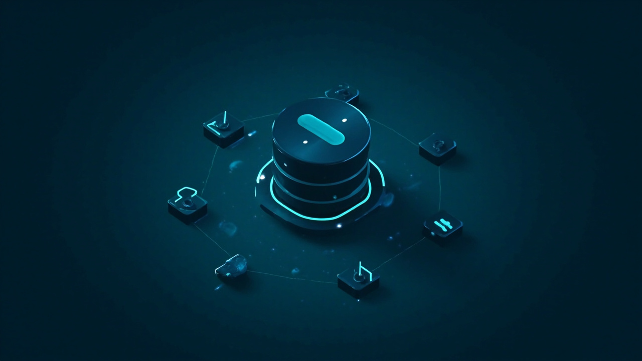 Imagen generada por IA con el prompt: Editorial flat illustration of a PostgreSQL database cylinder with interconnected workflow nodes and checkpoint markers, dark blue and teal palette, minimal tech style, no text or logos