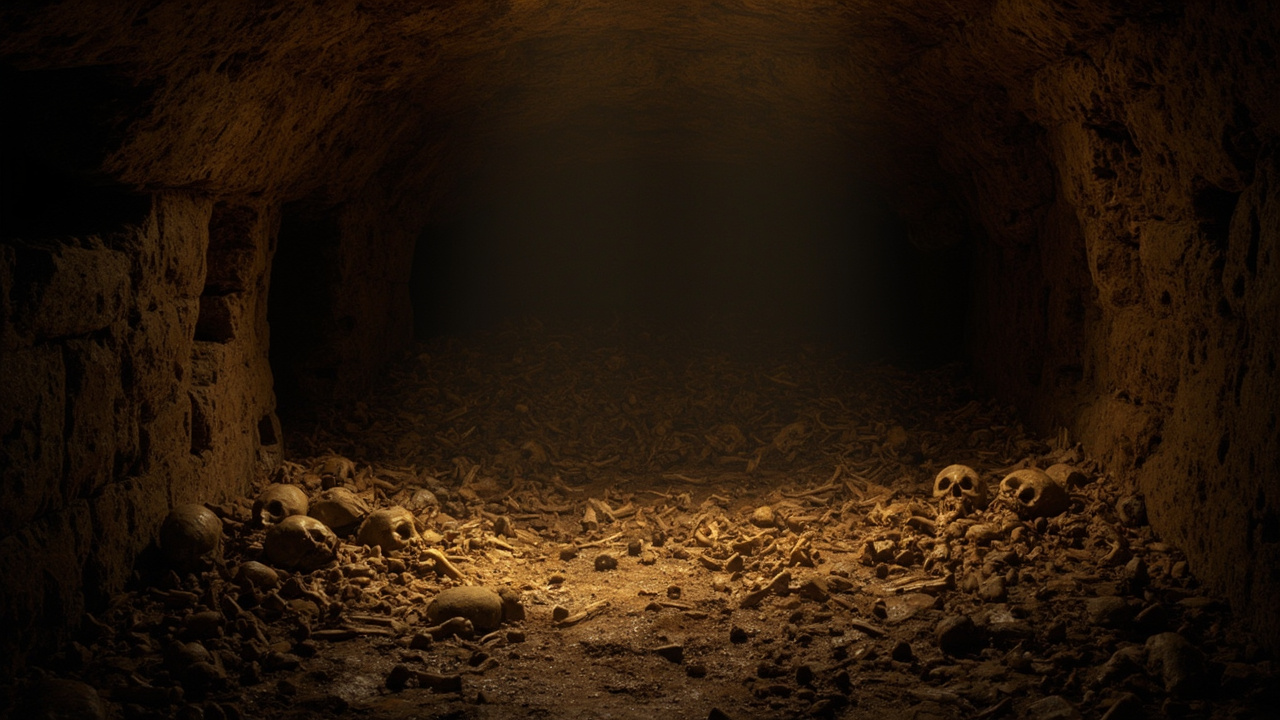 Imagen generada por IA con el prompt: Ancient stone burial cave interior with scattered human bones and skulls, dim warm torchlight, archaeological excavation scene, photorealistic editorial illustration
