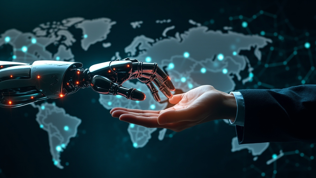 Imagen generada por IA con el prompt: Abstract digital illustration of a robotic hand shaking a human hand, with glowing network lines and maps of Asia, symbolizing AI acquisition and geopolitical aspects.