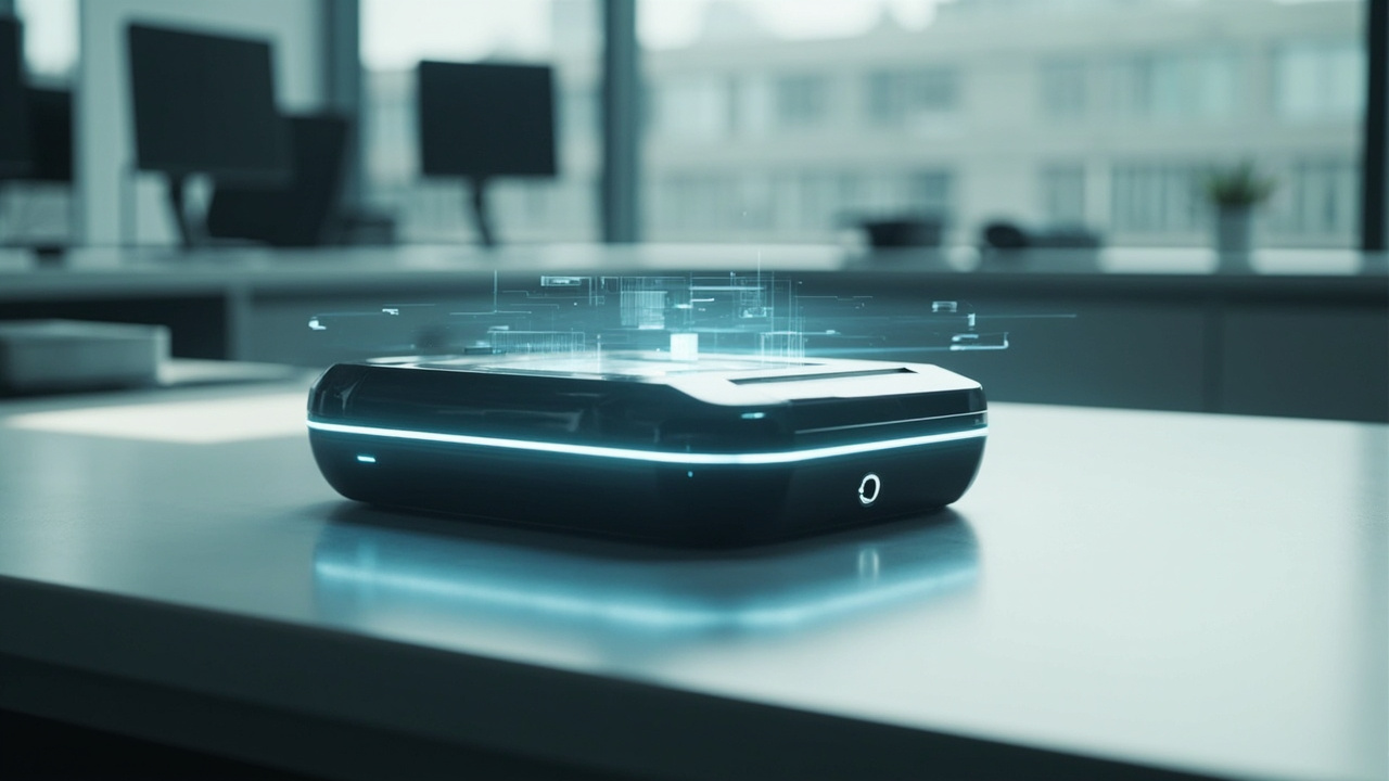 Imagen generada por IA con el prompt: A sleek futuristic concept device resting on a minimalist office desk, soft ambient lighting, translucent holographic interface elements floating above it, no logos or text, editorial tech photography style