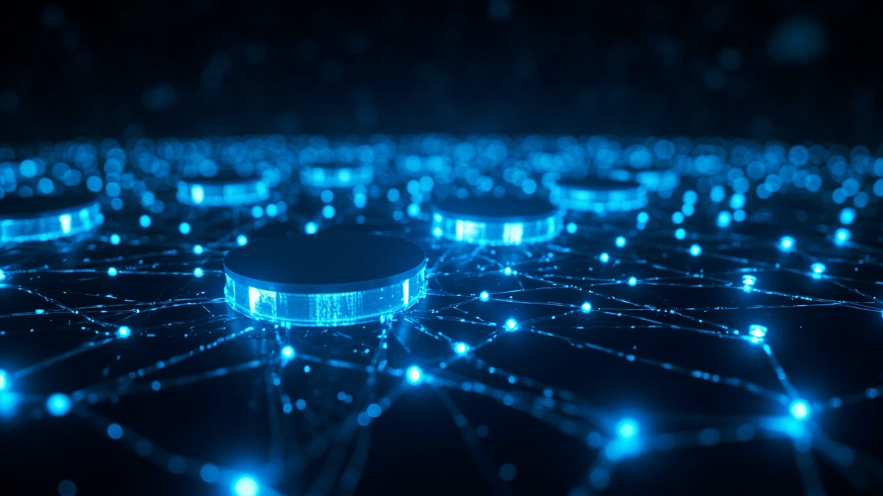 Imagen generada por IA con el prompt: Abstract server farm with thousands of glowing blue nodes interconnected by data streams, dark background, technical editorial illustration style