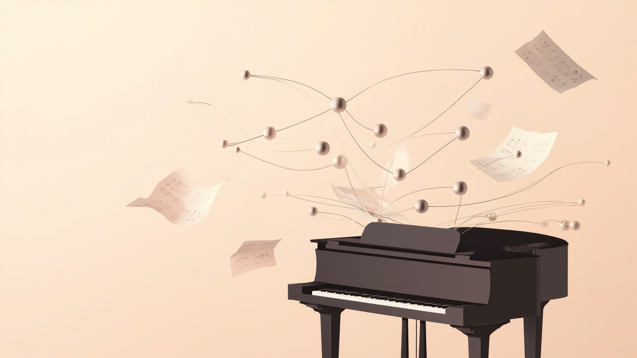 Imagen generada por IA con el prompt: Minimalist editorial illustration of a dot-and-line chart floating above a grand piano, classical sheet music pages drifting in the background, soft pastel palette, data visualisation aesthetic, no text or logos.