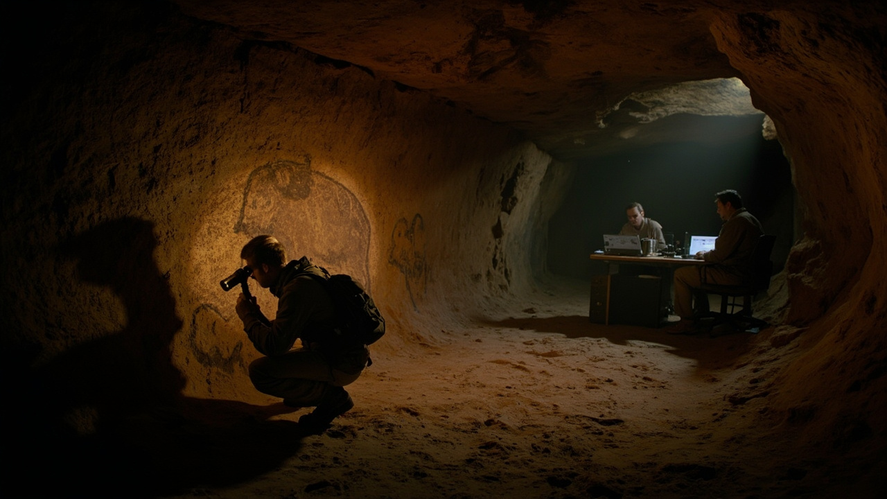 Imagen generada por IA con el prompt: A researcher with a headlamp crouches inside a dim limestone cave, illuminating a wall of ancient ochre bison and hand stencils, with scientists and laptops at workstations behind him.