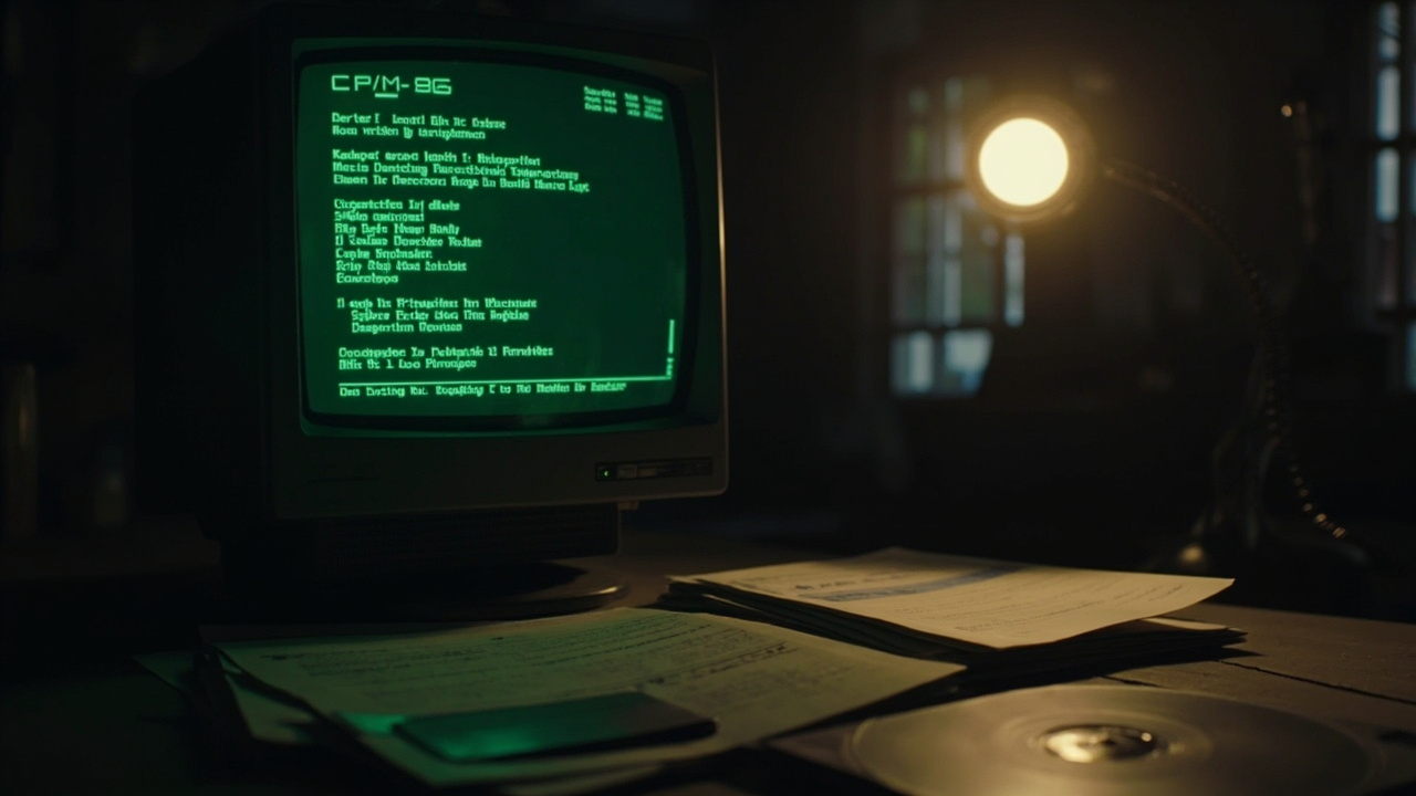 Imagen generada por IA con el prompt: Retro computer terminal with green monochrome monitor showing CP/M-86 command line, floppy disks and old manuals on a desk, vintage development tools atmosphere.