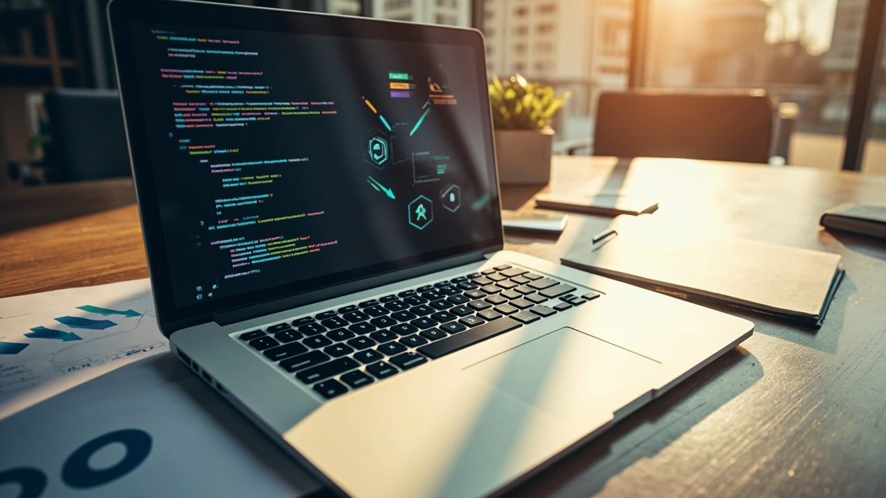 Imagen generada por IA con el prompt: Editorial illustration of an open laptop on a wooden desk surrounded by charts, code snippets and a notebook with arrows pointing to career path icons, soft warm lighting, modern flat design style