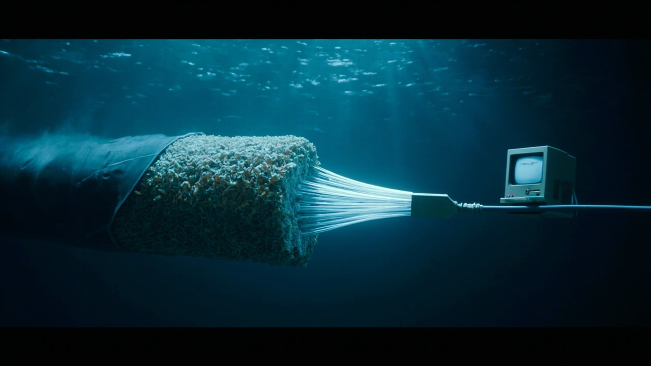 Imagen generada por IA con el prompt: A cross-section of an undersea fiber optic cable bundle underwater, one glowing strand highlighted, with a retro 1990s desktop computer connected via a single coax cable, soft editorial blue tones
