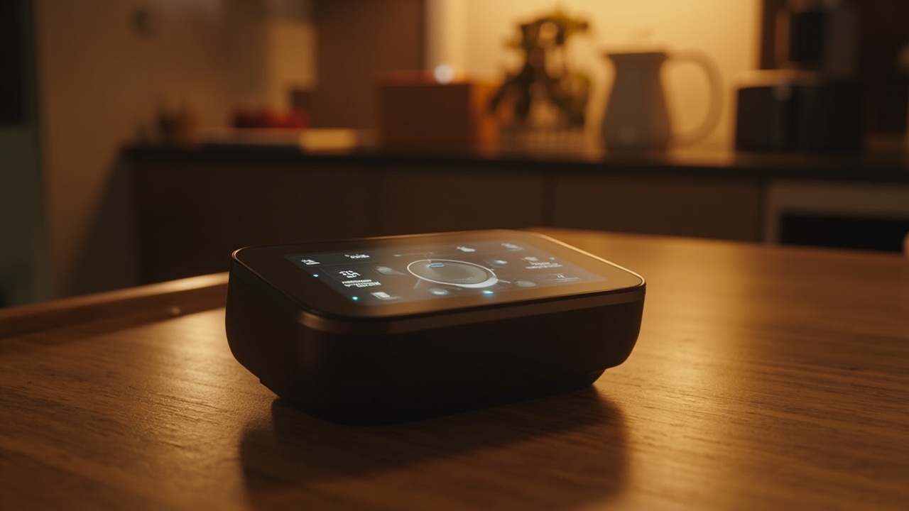 Imagen generada por IA con el prompt: A minimalist smart home hub device on a wooden kitchen counter, glowing dashboard interface, warm ambient lighting, modern Meta-style industrial design, cozy interior background