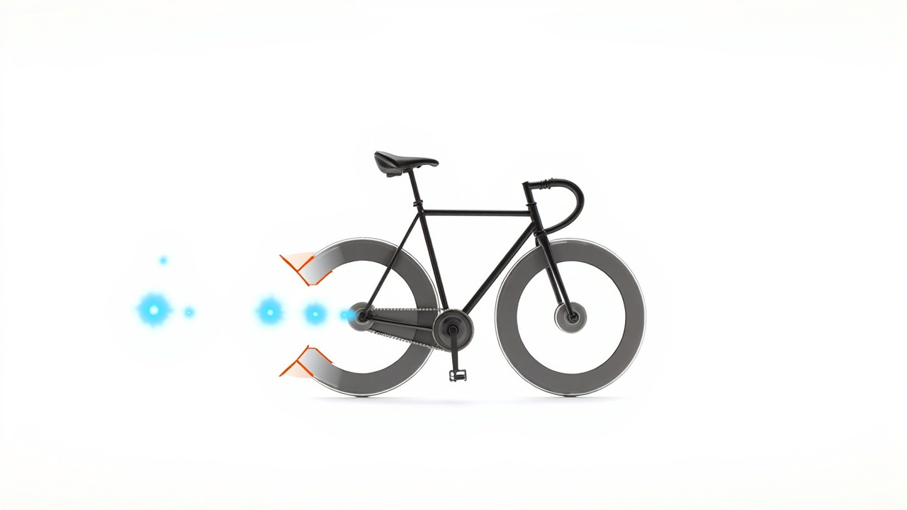 Imagen generada por IA con el prompt: A stylized bicycle in side view, with abstract circular neurons (blue and orange) linked by arrows to the handlebars and frame, indicating lean and torque. Clean white background, schematic style.