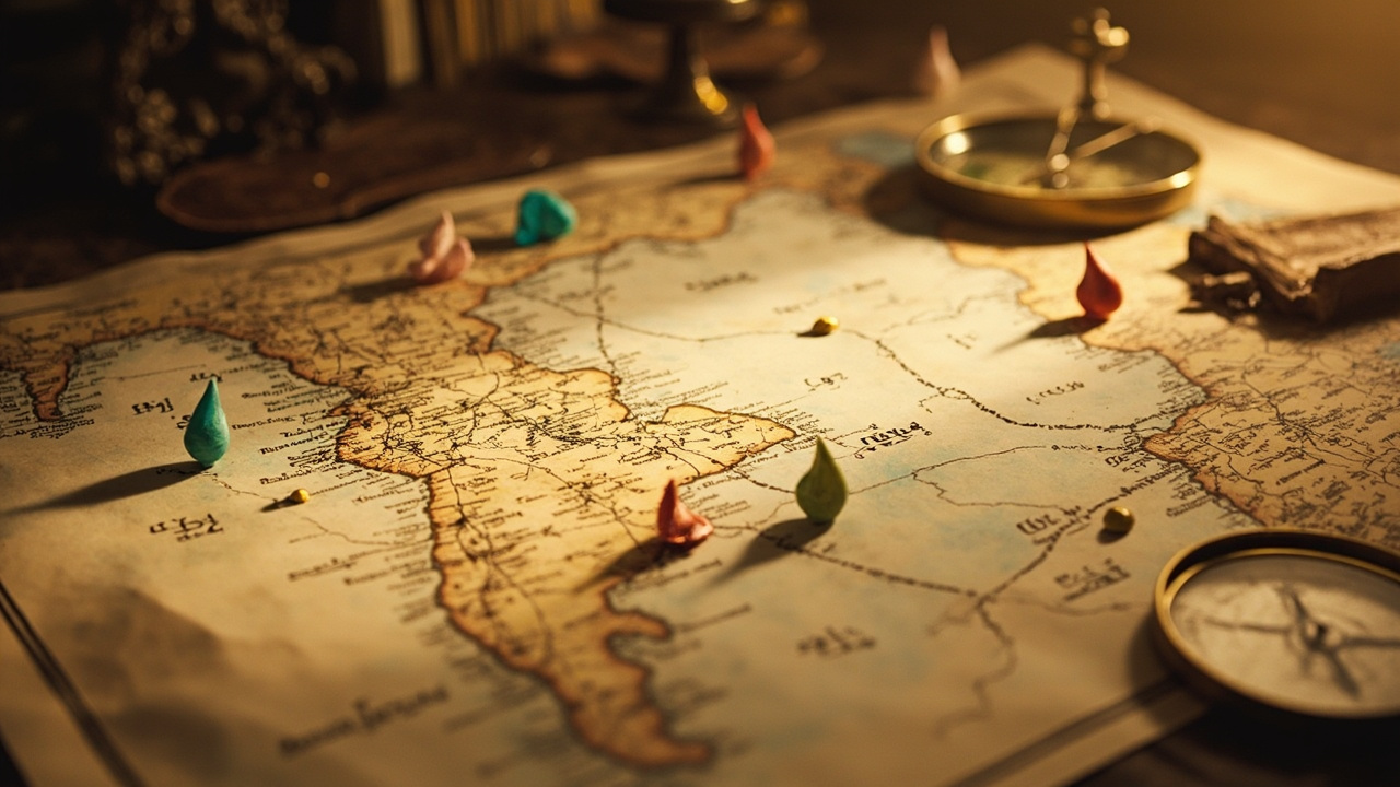 Imagen generada por IA con el prompt: A watercolor-style antique map with teardrop markers, vintage compass, parchment texture, soft lighting, Shakespearean era atmosphere, no text or faces.