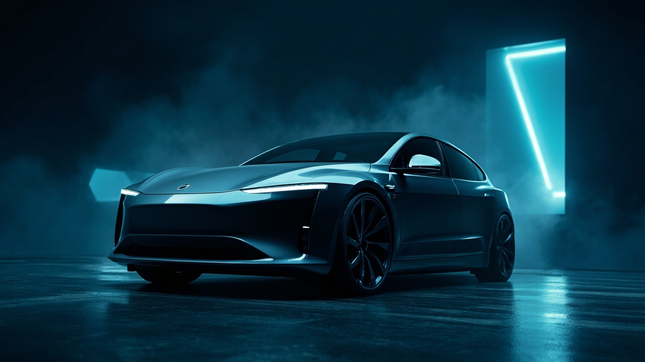 Imagen generada por IA con el prompt: Sleek modern electric sedan in a futuristic showroom, dramatic lighting highlighting aerodynamic curves, premium automotive design, dark background with subtle blue accents, editorial automotive photography style