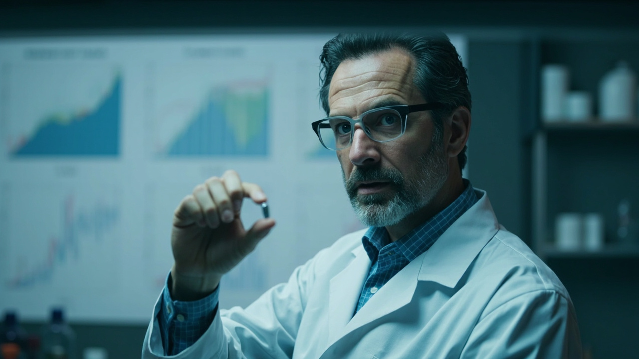 Imagen generada por IA con el prompt: A scientist holding a small pill in a laboratory, with charts showing survival curves in the background, medical conference setting, editorial style, no faces or logos.