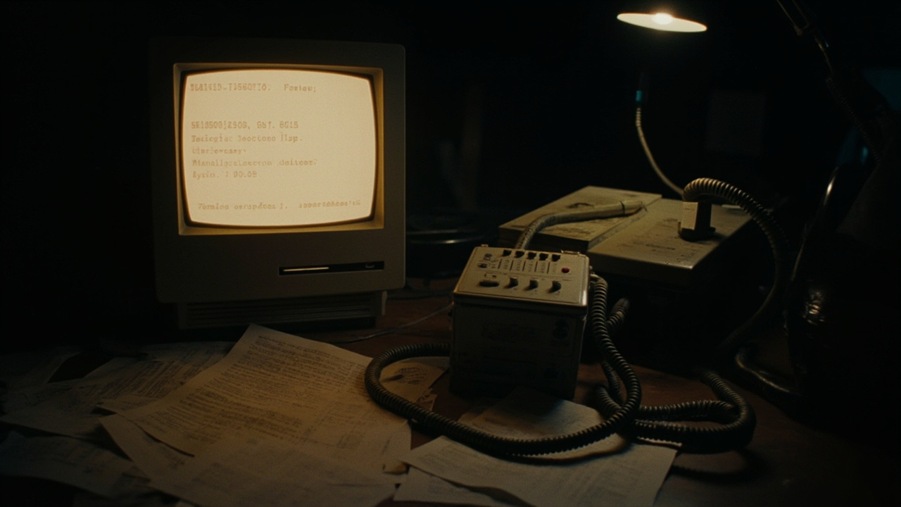 Imagen generada por IA con el prompt: Retro 1990s BBS scene: beige CRT monitor glowing with text, external modem with coiled telephone cable, scattered dot-matrix printouts, dim desk lamp, technical atmosphere