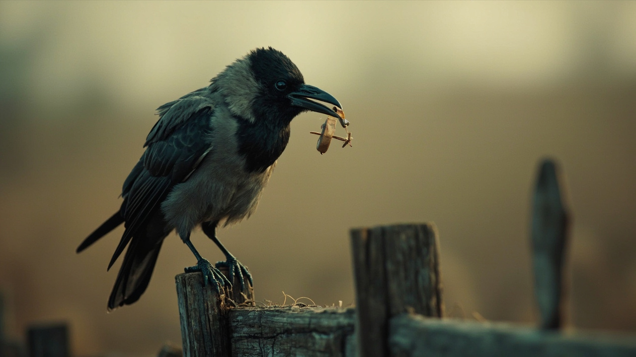 Imagen generada por IA con el prompt: Editorial illustration of a curious crow perched on a weathered wooden fence, holding a small wooden splinter tool in its beak, soft morning light, muted earthy tones, detailed feather textures, naturalistic style.