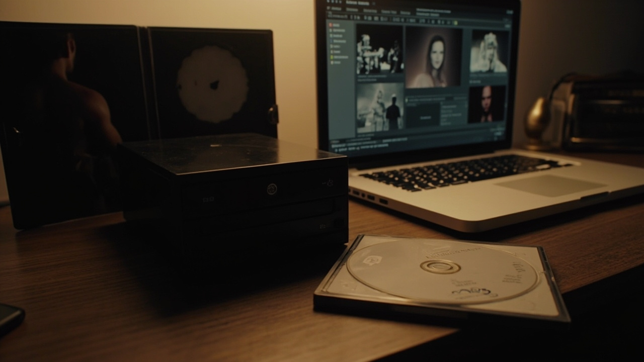 Imagen generada por IA con el prompt: A small black USB DVD drive on a wooden desk next to an open Gladiator movie case and a laptop screen showing video files, soft warm lamp light, editorial tech photography, nostalgic 2000s media meets modern minimalism