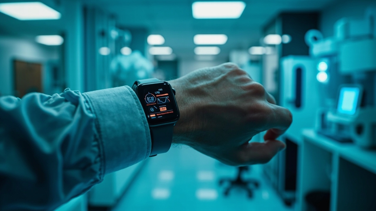 Imagen generada por IA con el prompt: Modern smartwatch on wrist displaying health metrics in a clean clinical research environment, soft blue lighting, medical equipment blurred in background, editorial photojournalism style