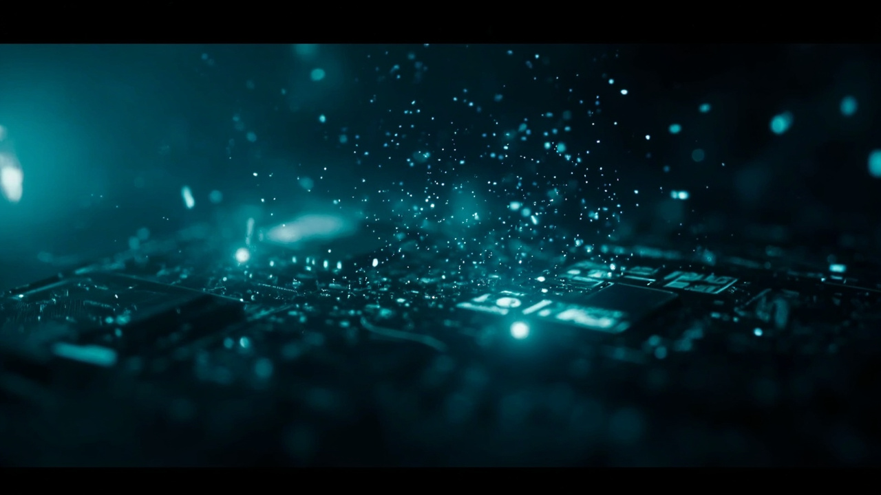 Imagen generada por IA con el prompt: Dark cybersecurity aesthetic: glowing disassembled machine code fragments floating over an abstract circuit board, blue and teal tones, technical and clean, no logos or text.