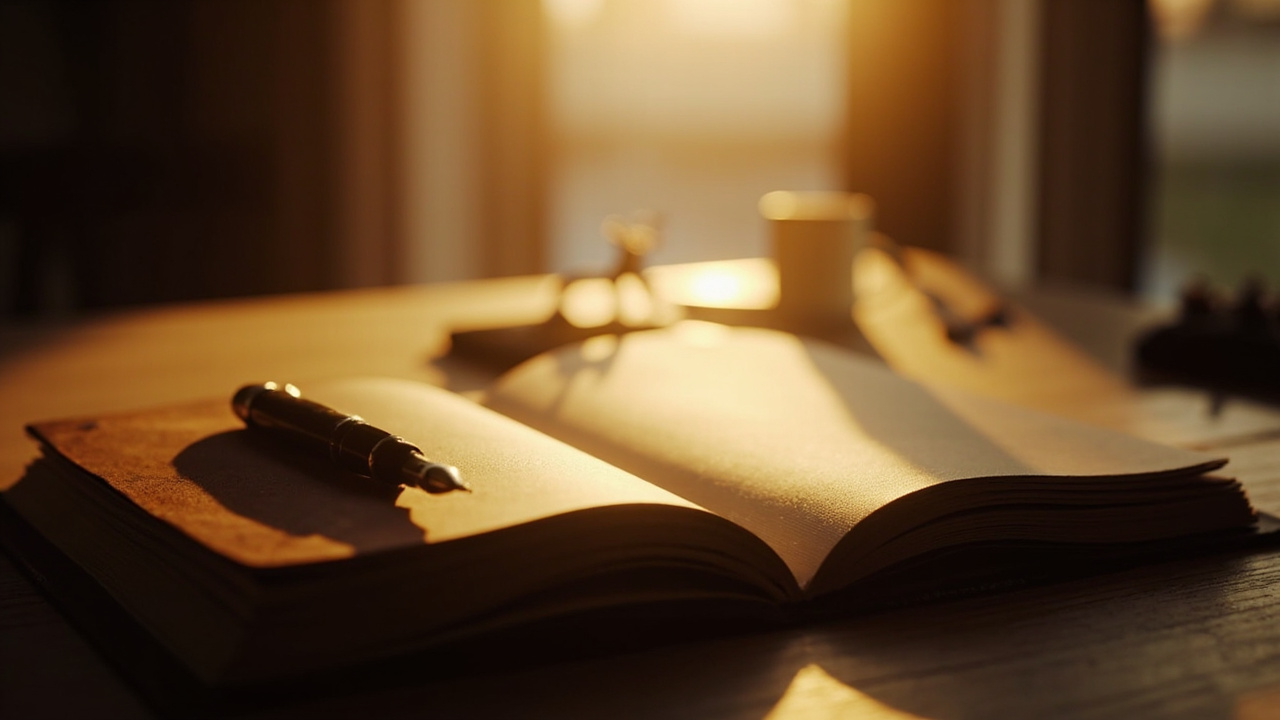 Imagen generada por IA con el prompt: An open leather notebook on a wooden desk with a fountain pen resting on it, warm golden afternoon light pouring through a window, minimalist composition, muted warm tones.