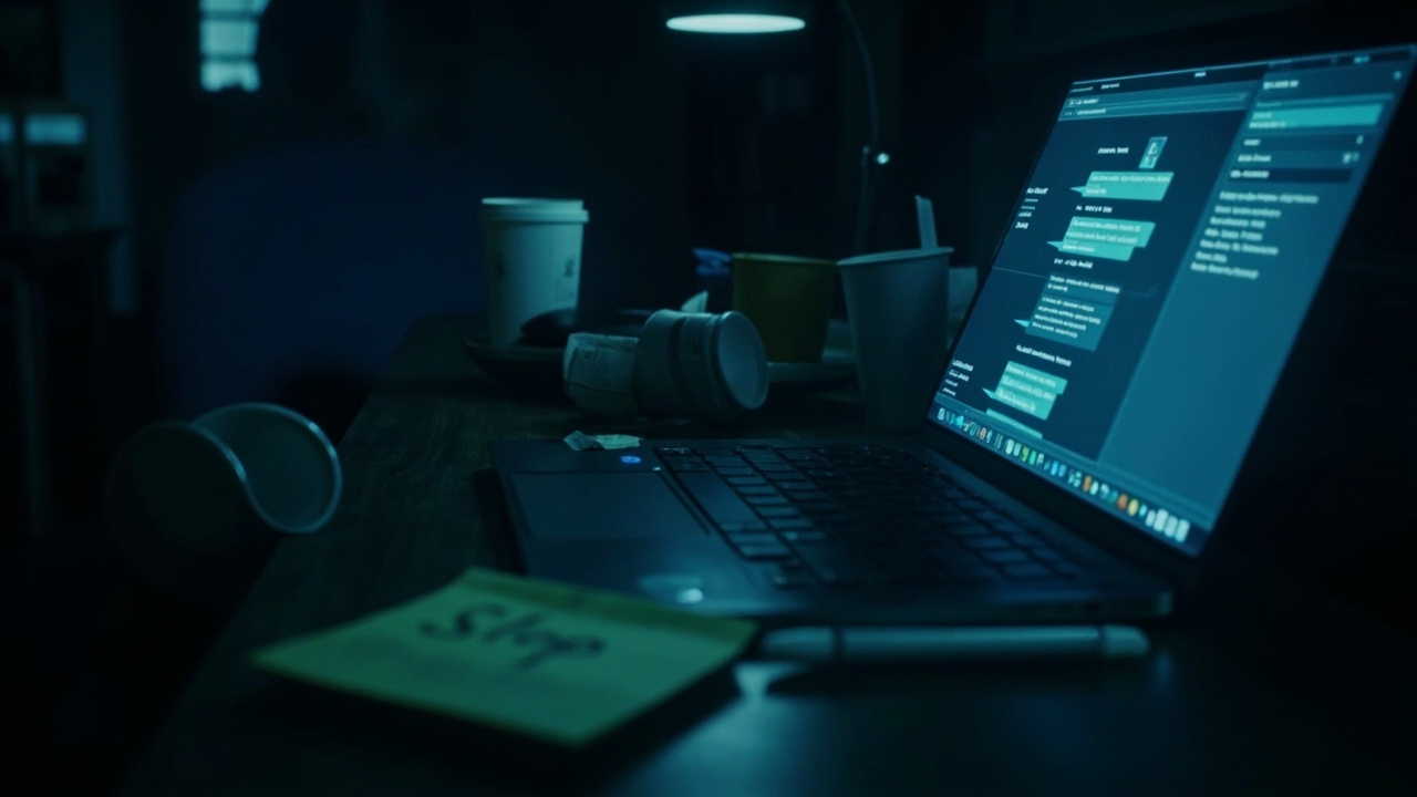 Imagen generada por IA con el prompt: A dimly lit office desk at night with a glowing laptop showing a chat interface, scattered coffee cups, and a sticky note with "slop" written on it; muted blue tones, editorial photojournalism style.