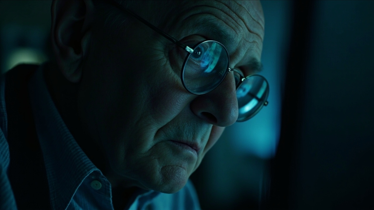Imagen generada por IA con el prompt: Close-up of an elderly person's reading glasses and tired eyes in front of a dim computer screen in dark mode, soft blue ambient glow, cozy home office, editorial photography.