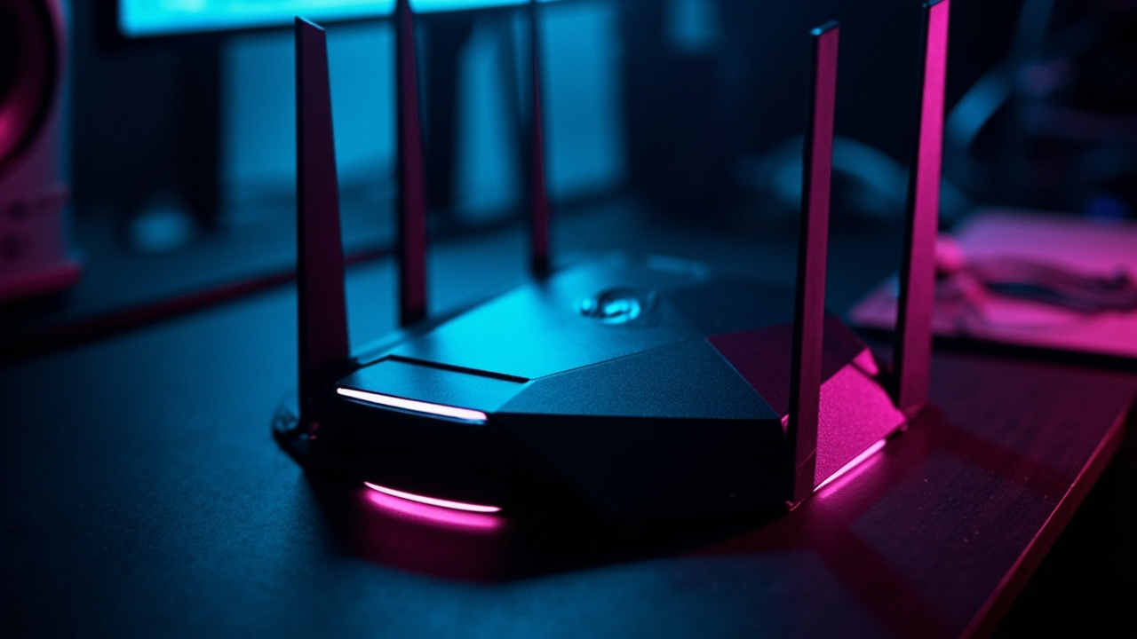 Imagen generada por IA con el prompt: Futuristic angular router with multiple tall antennas on a dark desk, RGB cyan and magenta glow, gaming aesthetic, shallow depth of field, tech editorial style