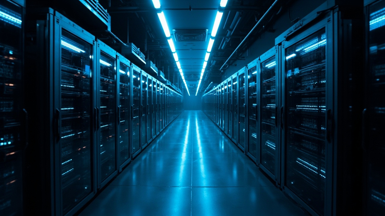 Imagen generada por IA con el prompt: Editorial photo of a futuristic supercomputer data hall with rows of black server racks glowing in blue light, long corridor perspective, polished floor, cinematic technology atmosphere, no logos or text