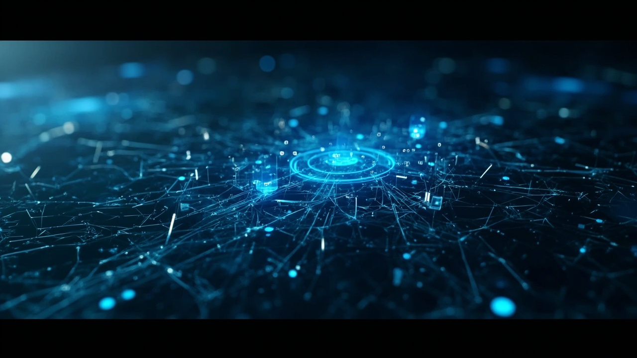 Imagen generada por IA con el prompt: Editorial illustration of a vast, luminous network of interconnected code modules and data nodes floating over a dark blueprint background, with subtle geometric shapes, graphs and timelines hinting at a monorepo of open