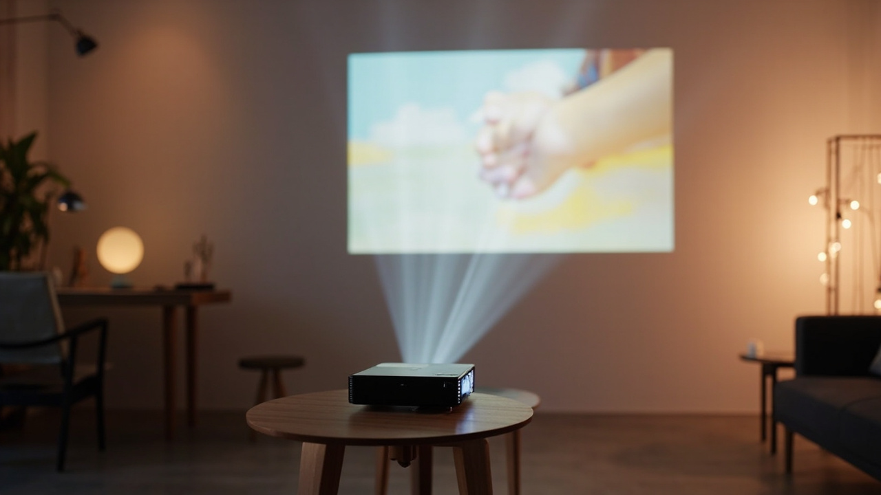 Imagen generada por IA con el prompt: Modern minimalist living room with a sleek black portable projector on a wooden side table casting a bright colorful 4K image onto a white wall, warm ambient lighting, editorial product photography.