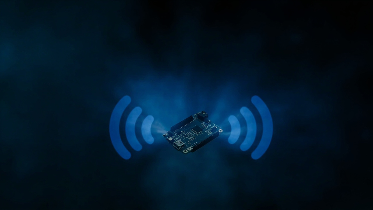 Imagen generada por IA con el prompt: Small microcontroller board emitting blue wireless signal waves over a stylized radio link, voice waveform overlay, technical schematic aesthetic, dark background, no logos or text.