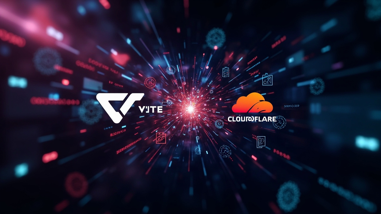 Imagen generada por IA con el prompt: Abstract digital illustration of Vite logo merging with Cloudflare logo, surrounded by code symbols and gear icons, representing open source toolchain unification and developer ecosystem, vibrant colors, no real faces.