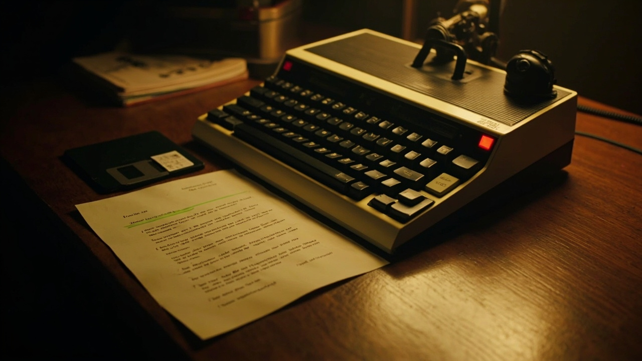 Imagen generada por IA con el prompt: A vintage 1980s Atari 800XL setup on a wooden desk with a 5.25-inch floppy disk and a printed rejection letter on green bar paper beside it, warm nostalgic lighting, retro aesthetic.