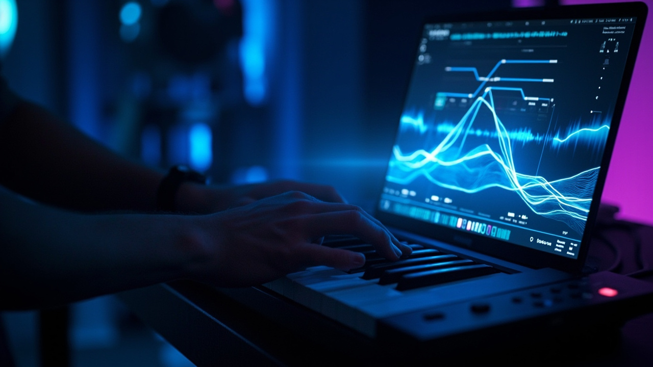 Imagen generada por IA con el prompt: A musician's hands on a MIDI keyboard with glowing holographic soundwaves and audio waveforms rising from a laptop screen, dark studio atmosphere, blue and purple ambient lighting, editorial tech illustration