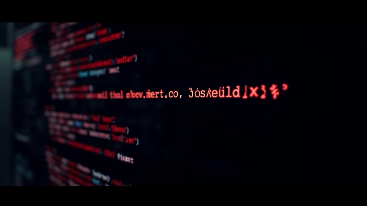 Imagen generada por IA con el prompt: Dark terminal screen with lines of javascript code being scanned, red warning highlights on suspicious snippets, cyber security aesthetic, abstract data streams, no logos no faces