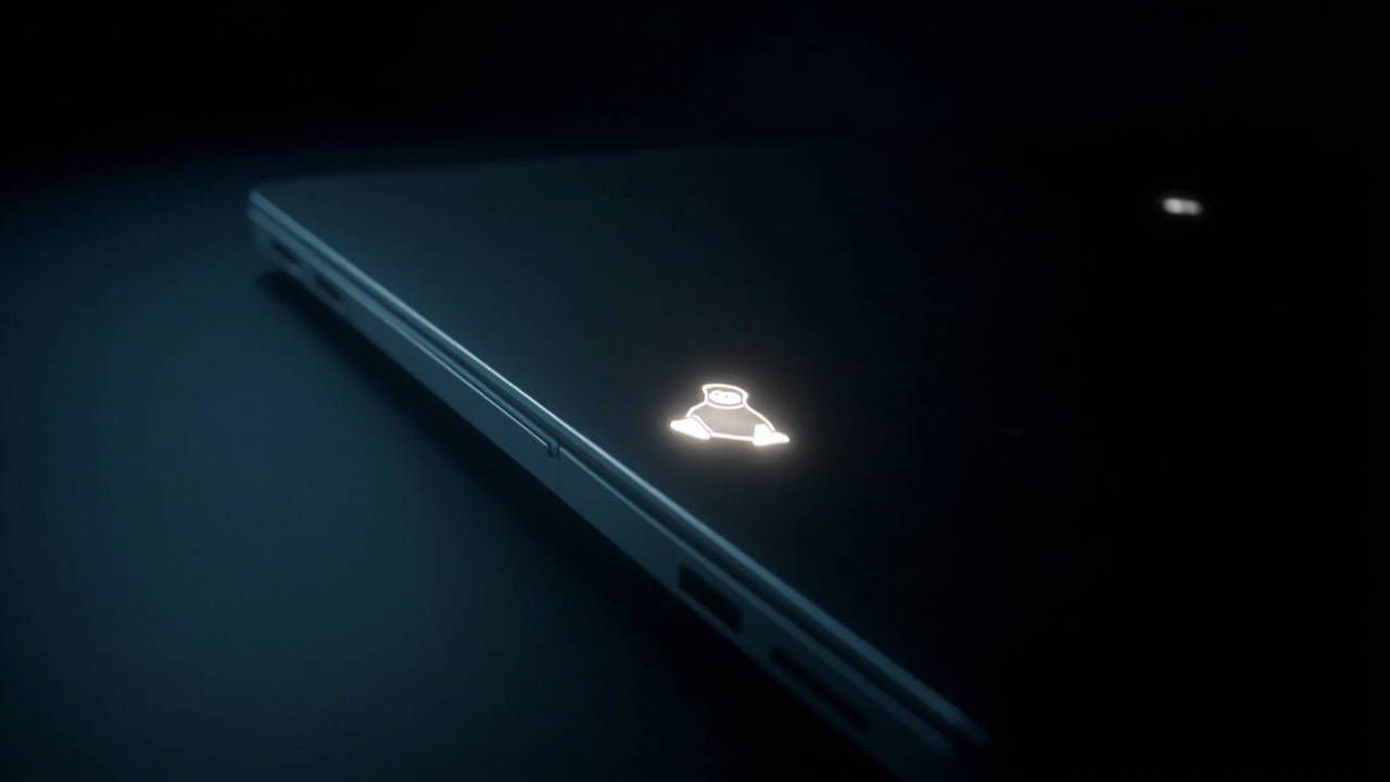 Imagen generada por IA con el prompt: Small monochrome OLED display embedded in a laptop lid, glowing with a pixel-art animation of a Linux penguin, dark tech atmosphere, product photography style