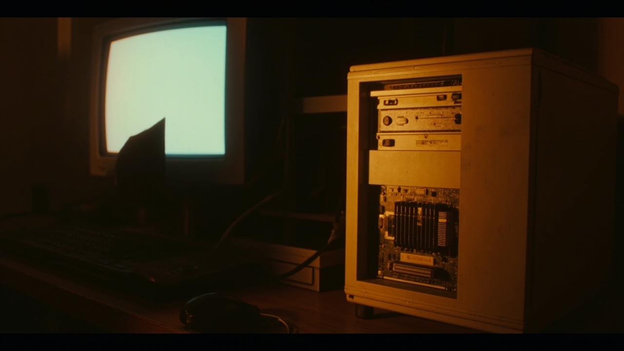 Imagen generada por IA con el prompt: Retro beige PC tower with two CPU heatsinks side by side on the motherboard, warm CRT monitor glow, dim 1990s office desk, nostalgic computing atmosphere, editorial illustration